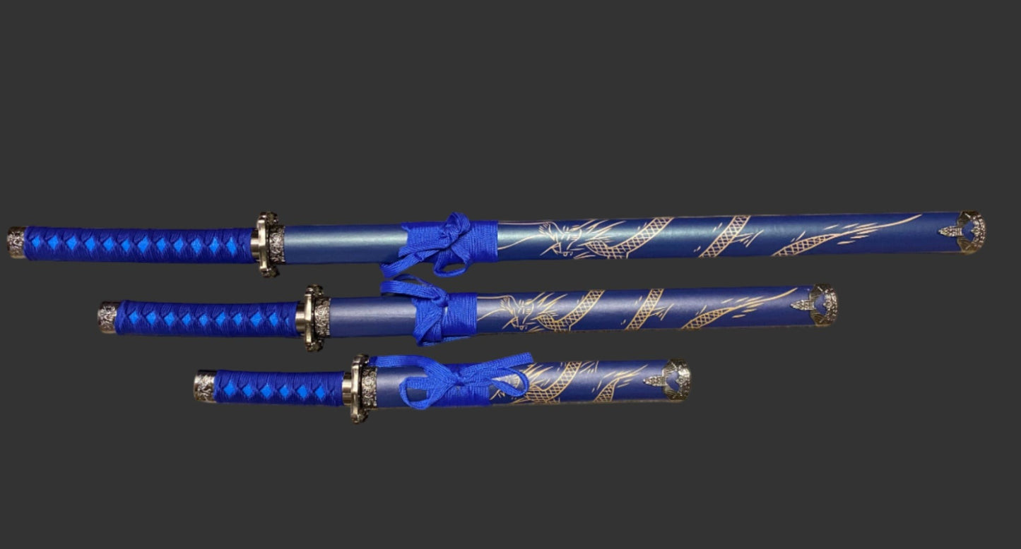 Dragon Blue 440 Steel Samurai Sword Katana Set of 3