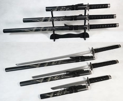 Dragon Black Matte 440 Steel Samurai Sword Katana Set of 3